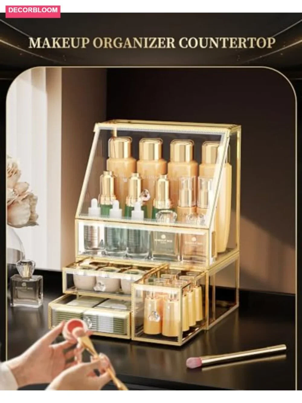 Glass Makeup Organizer with Drawer, Stackable Skincare Holder, Vanity Storage